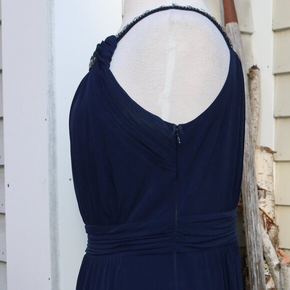 Sangria Navy Blue Knit Grecian Gathered Knit Rhinestone Trim Formal Maxi Dress - Picture 7 of 11